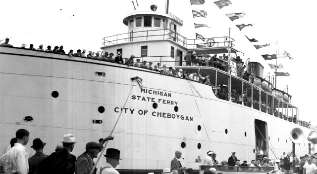 The Michigan State Ferry City of Cheboygan loading cars at the Straits