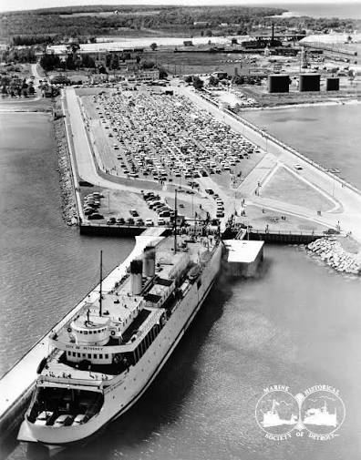 Cars queued at the Mackinaw City ferry dock waiting for the state car ferry
